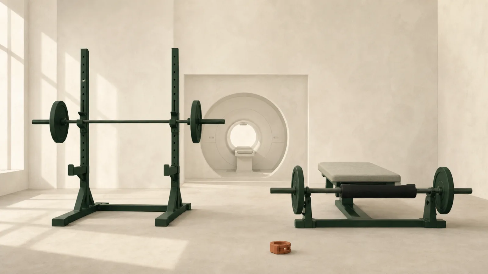 An illustration of a squat rack and a loaded hip thrust bench standing on either side of an MRI scanner in a bright room.