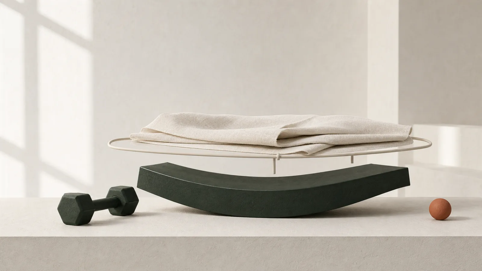 A still life: a curved dark green form resting on a table, with a separate folded cloth suspended on a slim frame above it, and a small dumbbell alongside.