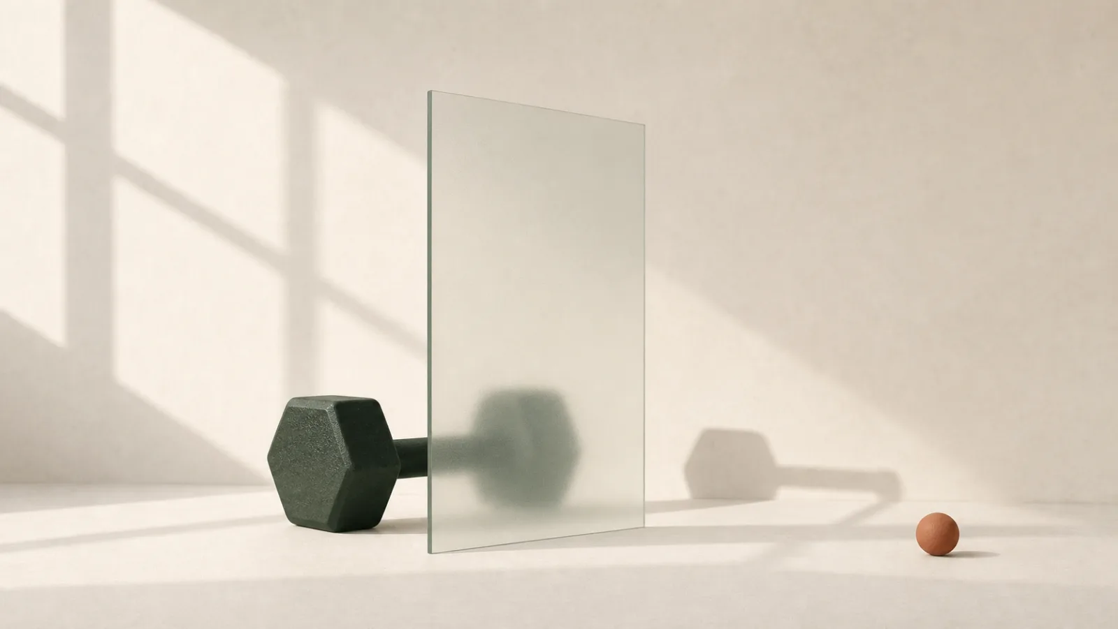 A still life: a dark green dumbbell resting on a table, half of it seen through a frosted glass panel that blurs it into an indistinct shape.
