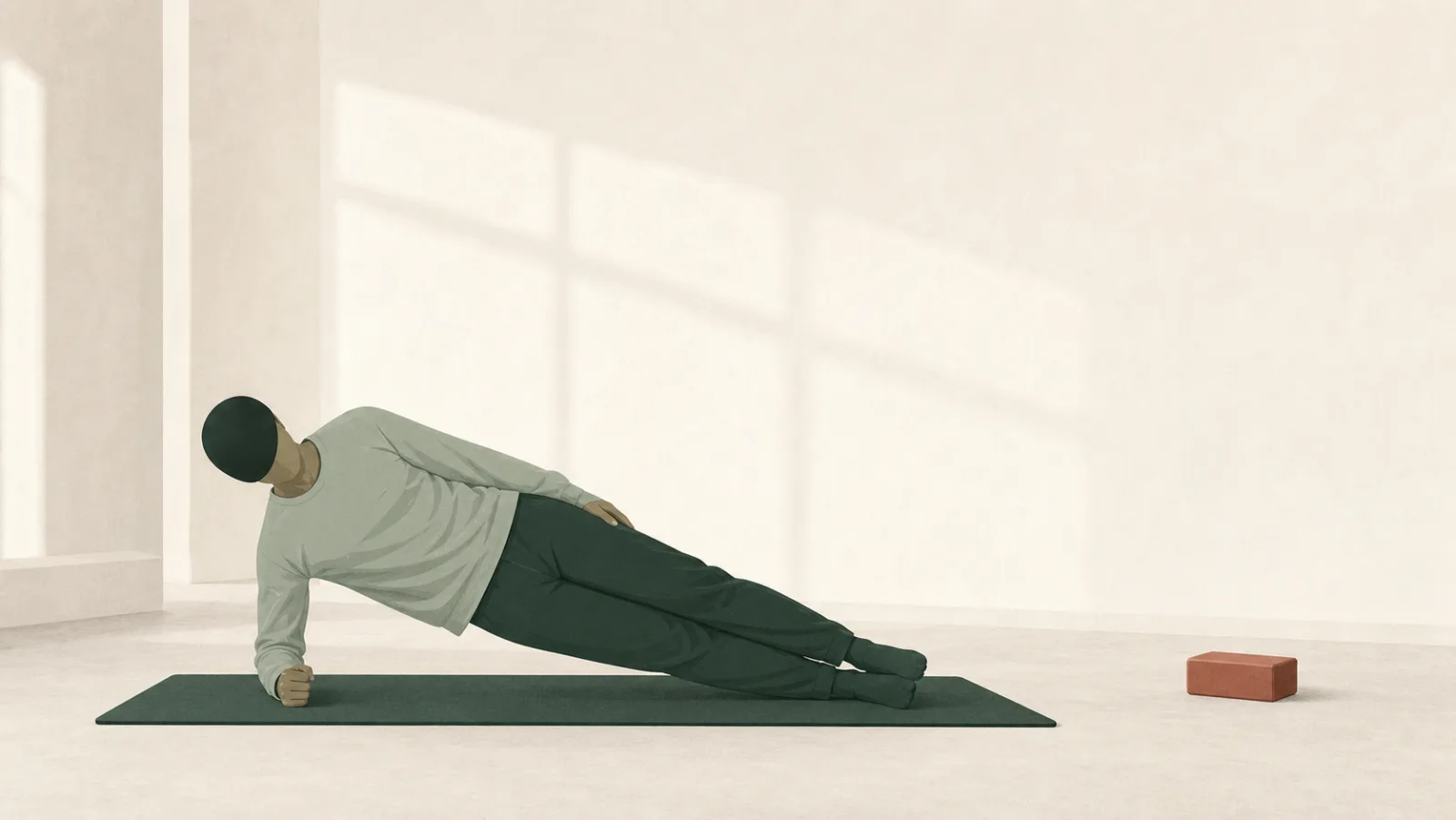 An illustration of a person holding a side plank on a dark green mat, seen from the side in a bright, near-empty room.