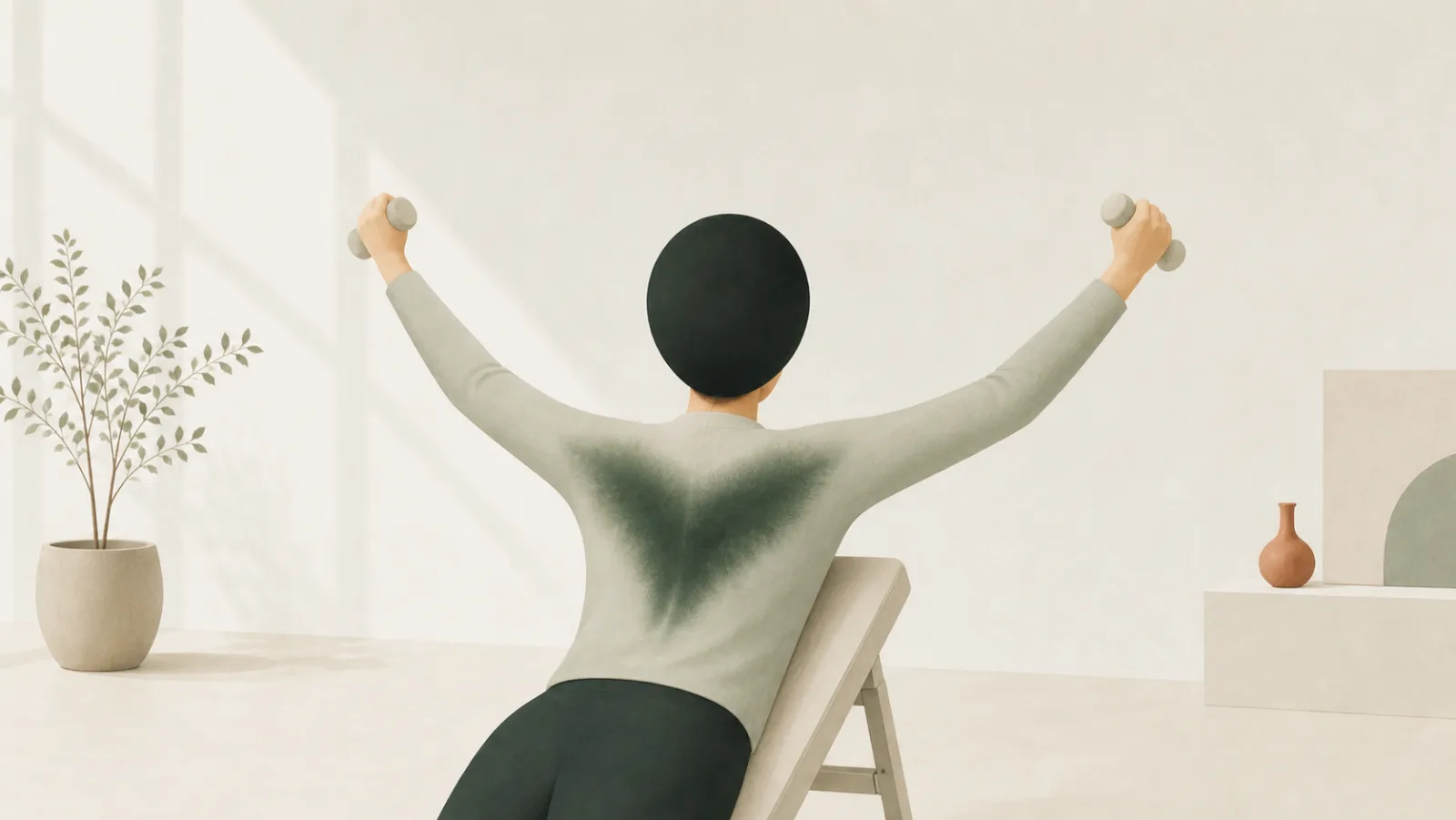 An illustration of a person on a bench doing a Y-raise with light dumbbells, seen from behind, with a soft green bloom across the middle and lower back rather than the top of the shoulders.