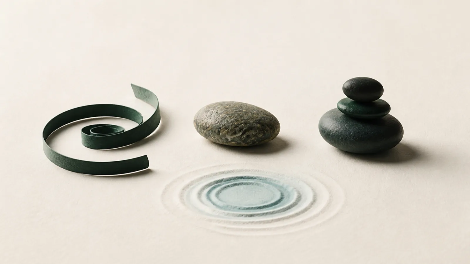 A green ribbon settling into a spiral, a single stone, and a balanced stack of stones suggest different recovery timelines.