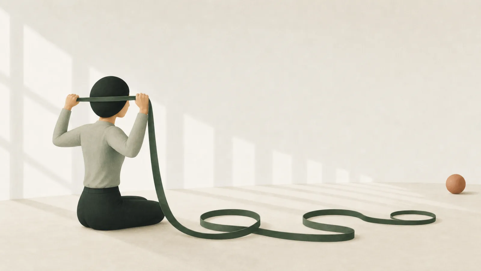 An illustration of a person seated with a long green resistance band, the band trailing away across the floor into loops of different sizes.