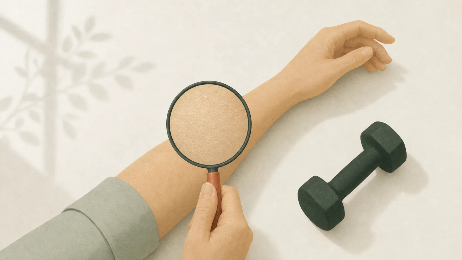 An overhead illustration of a forearm being examined through a magnifying glass, with a small dark green dumbbell resting nearby.