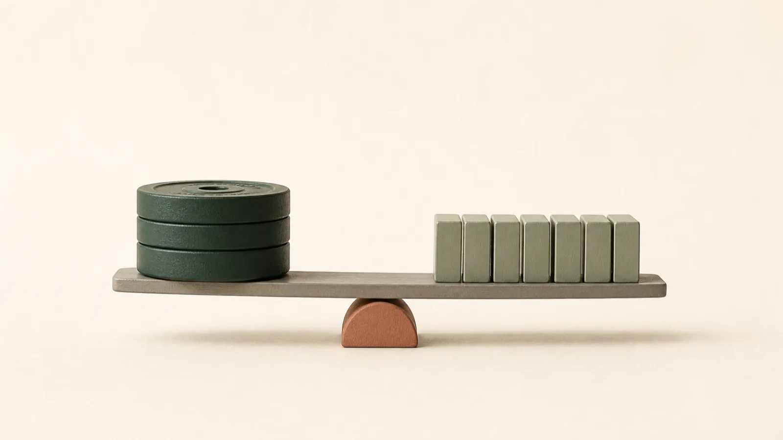 An editorial illustration of a compact stack of dark green weight plates beside a much taller stack of pale training blocks, balanced on opposite ends of a simple bench.