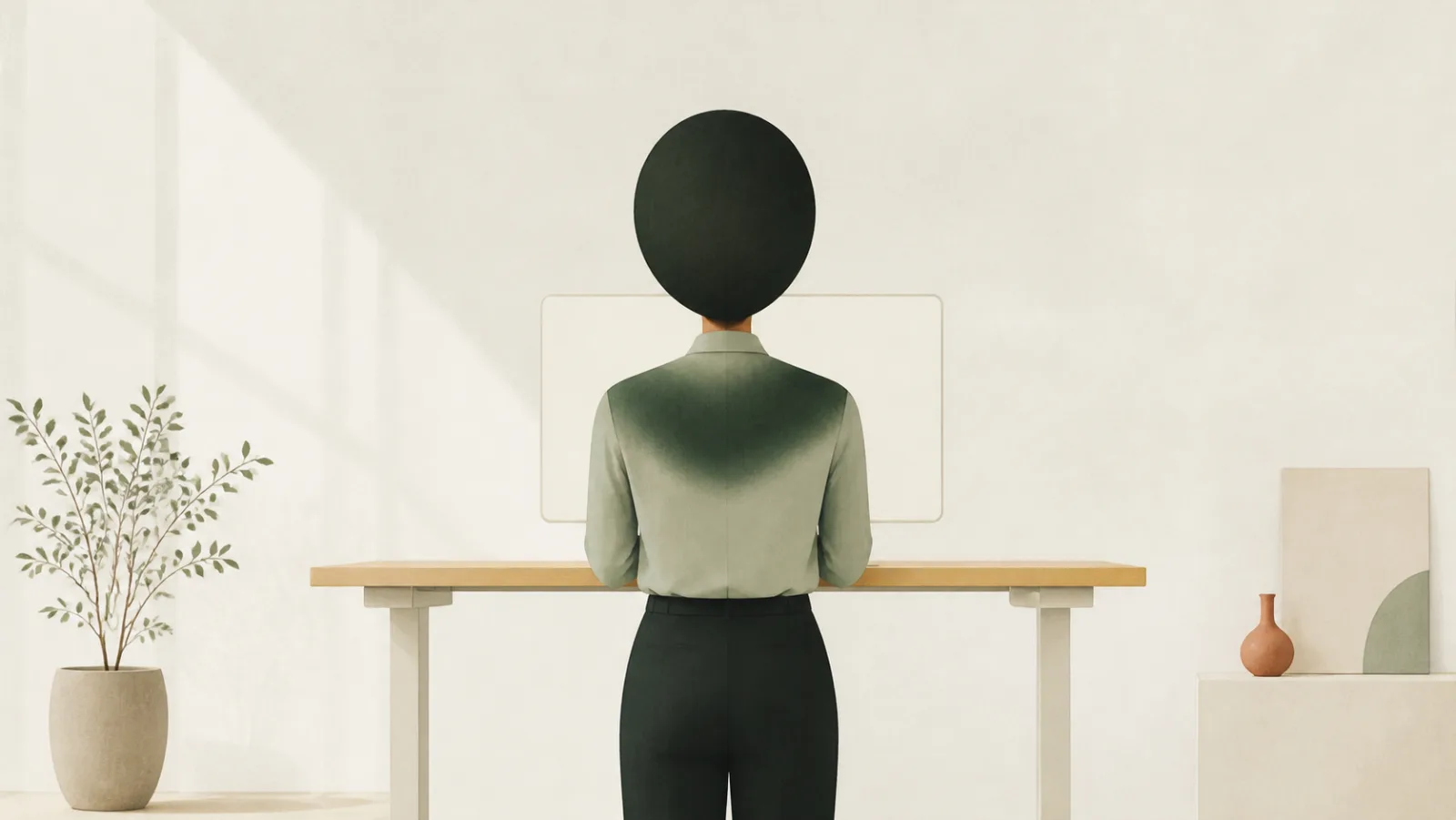 An illustration of a person standing at a raised desk, seen from behind. Their posture is upright and square, but a deep green shadow spreads across the back of the neck and upper back.