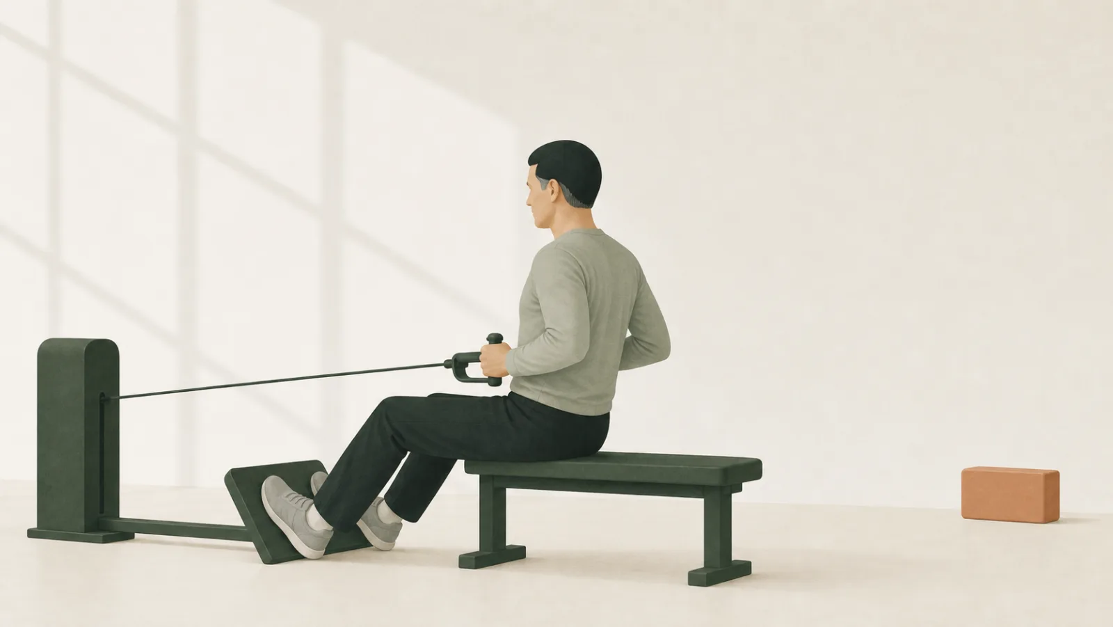 An illustration of a man performing a seated cable row on a bench in a bright, near-empty room.