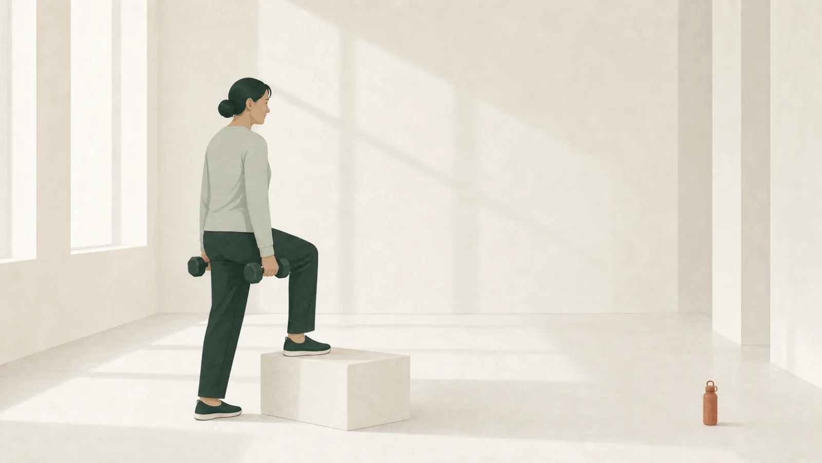 An illustration of a woman doing a dumbbell step-up onto a low box in a bright, near-empty room.