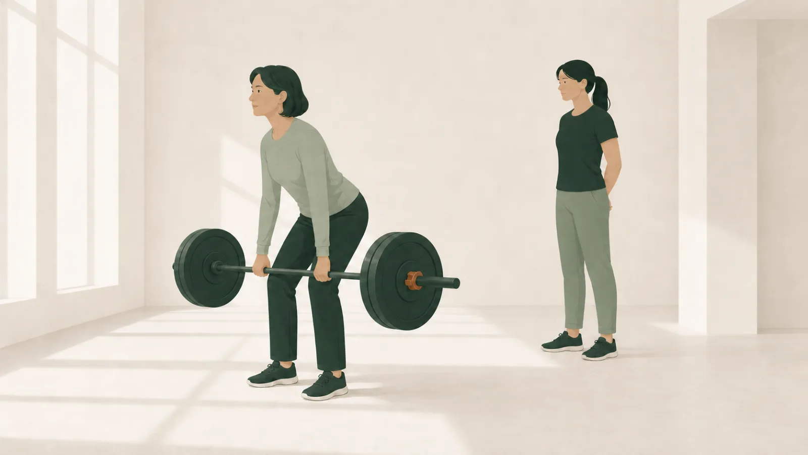 An illustration of a woman lifting a loaded barbell from the floor while another person stands nearby supervising.