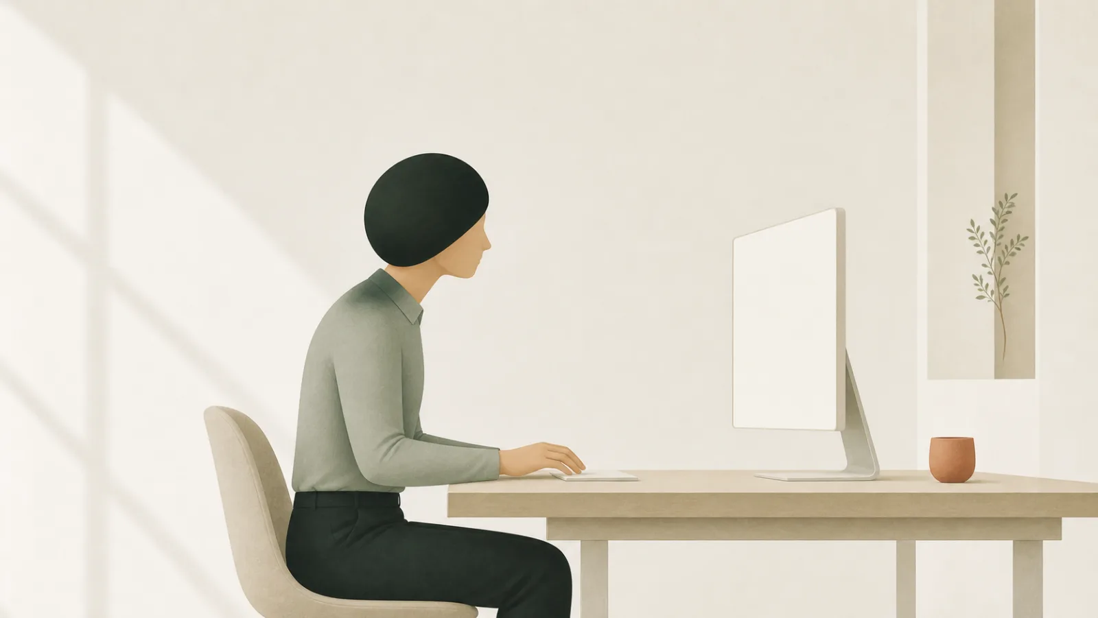 A side-profile illustration of a person at a desk looking at a monitor, their head sitting slightly forward of their shoulders.