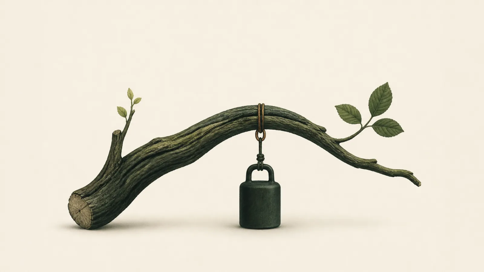 A mature green branch bends under a compact dark weight while fresh leaves grow from both ends.