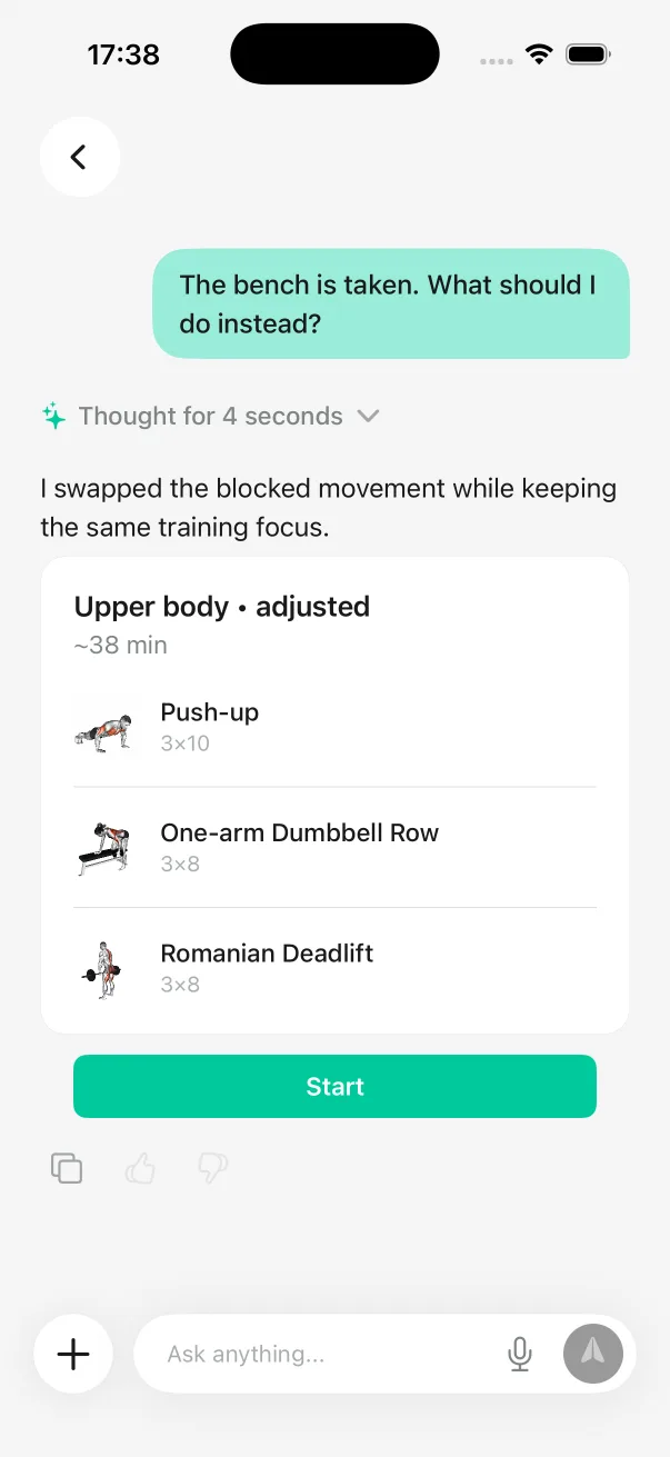 Dorsi Coach replacing an unavailable bench movement while preserving the workout focus